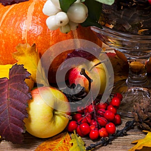 Thanksgiving background with snowberry and pumpkin,