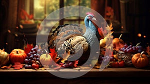 Thanksgiving background. Turkey on a rustic table decorated with pumpkins, vegetables, fruits and colorful leaves