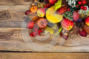 Thanksgiving background with yellow squash, pumpkin, apples, cop