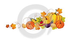 Thanksgiving banner with autumn vegetables and colorful leaves, border frame with space for text vector Illustration