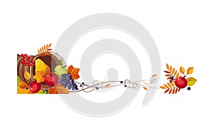 Thanksgiving banner with cornucopia and space for text, autumn fruits and leaves vector Illustration