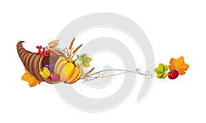 Thanksgiving banner with cornucopia and space for text, autumn vegetables and leaves vector Illustration