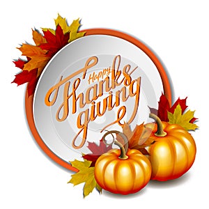 Thanksgiving banner, Hand drawn Happy Thanksgiving lettering on round promotional stickers