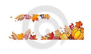 Thanksgiving banner with pumpkins and colorful chokeberry, rowan, maple leaves, border frame with space for text vector