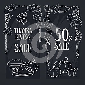 Thanksgiving banner with sale and discount. Chalkboard hand drawn pattern with pumpkin, turkey, pie, leafs and rope border. Black