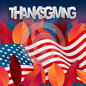 Thanksgiving banner. USA national flag. Red and orange fall leaves on black and white background. realistic vector illustration
