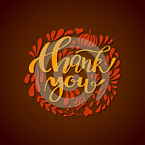 Thanksgiving card design with elegant branch round frame and text, illustration.