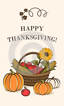 Thanksgiving card, garden basket with corncobs, apples and pumpkins