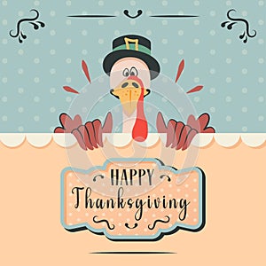 Thanksgiving card. Happy cute funny turkey with traditional elements for celebration thanksgiving day. Invitation template for