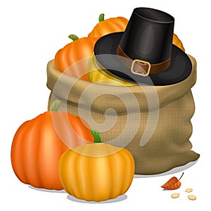 Thanksgiving card.Piligrim hat with bag full orange pumpkins