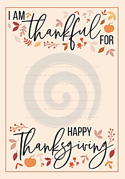 Thanksgiving card, thankful for list, vector