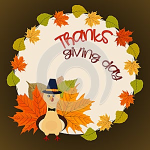 Thanksgiving Card with urkey and Autumn Leaves Frame