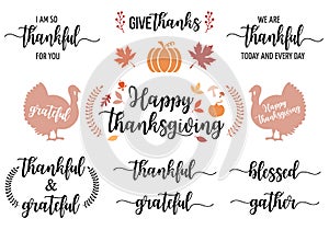 Thanksgiving cards, lettering and graphic design elements, vector set