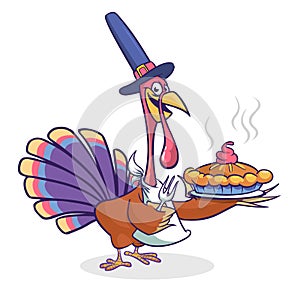 Thanksgiving Cartoon Turkey bird holding fork and pie isolated. Vector illustration of funny turkey character wearing pilgrim hat.