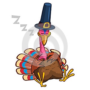 Thanksgiving cartoon turkey character sleeping. Isolated vector illustration clipart.