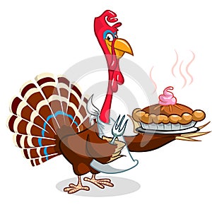 Thanksgiving Cartoon Turkey holding fork and pie isolated.