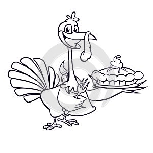 Thanksgiving Cartoon Turkey holding fork and pie isolated.