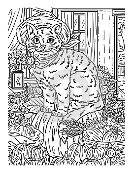 Thanksgiving Cat Sitting Coloring Page for Adults