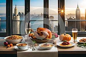 thanksgiving celebration traditional dinner meal setting, festive food and symbols on beautiful autumn background