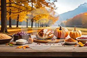 thanksgiving celebration traditional dinner meal setting, festive food and symbols on beautiful autumn background