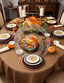 Thanksgiving Celebration Traditional Dinner Table Setting Concept. Generative Ai. Ai generated.