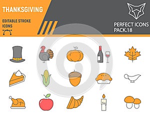 Thanksgiving color line icon set, holiday collection, vector sketches, logo illustrations, thanksgiving day icons