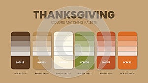 Thanksgiving color scheme. Color Trends combinations and palette guide. Example of table color shades in RGB and HEX. Color swatch