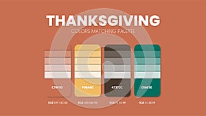 Thanksgiving color scheme. Color Trends combinations and palette guide. Example of table color shades in RGB and HEX. Color swatch