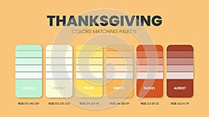 Thanksgiving color scheme. Color Trends combinations and palette guide. Example of table color shades in RGB and HEX. Color swatch