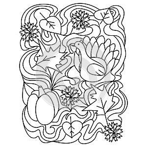 Thanksgiving coloring page, turkey, pumpkin and flowers with ornate patterns