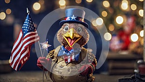 Thanksgiving concept with AI turkey figure wearing a hat and holding the USA flag and a star sparkler against a bokeh background