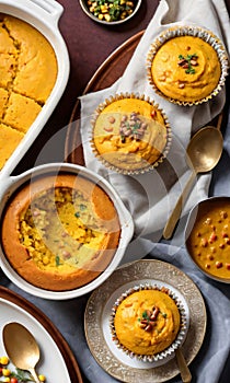 Thanksgiving Corn Pudding Muffins Beside A Dish Of Turkey And Pumpkin Curr. Generative AI