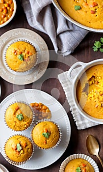 Thanksgiving Corn Pudding Muffins Beside A Dish Of Turkey And Pumpkin Curr. Generative AI