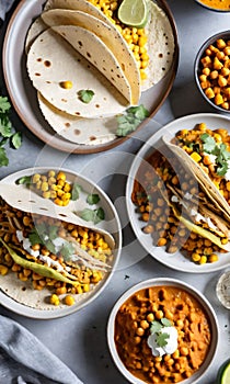 Thanksgiving Corn And Turkey Tacos Paired With A Plate Of Pumpkin And Chickpea Curr. Generative AI