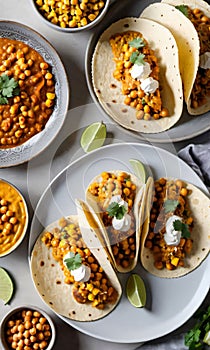 Thanksgiving Corn And Turkey Tacos Paired With A Plate Of Pumpkin And Chickpea Curr. Generative AI