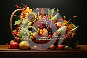 Thanksgiving cornucopia centerpiece filled with