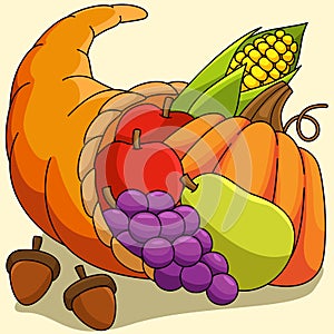 Thanksgiving Cornucopia Colored Cartoon Illustration