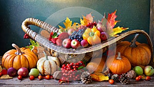 Thanksgiving cornucopia filled with autumn fruits and vegetables