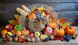 Thanksgiving cornucopia filled with autumn fruits and vegetables