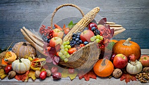 Thanksgiving cornucopia filled with autumn fruits and vegetables