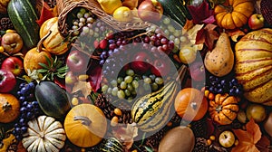 Thanksgiving cornucopia filled with autumn fruits and vegetables spread out to create a border