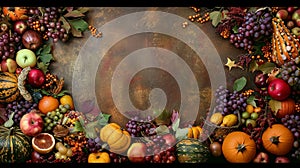 Thanksgiving cornucopia filled with autumn fruits and vegetables spread out to create a border