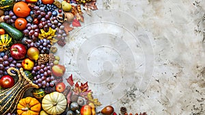 Thanksgiving cornucopia filled with autumn fruits and vegetables spread out to create a border