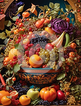 Thanksgiving cornucopia filled in the brim with fresh fruits and vegetables all around