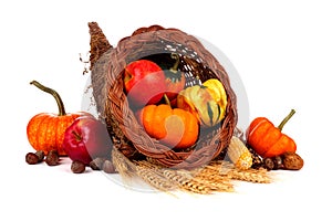 Thanksgiving cornucopia with pumpkins, apples and gourds isolated on white