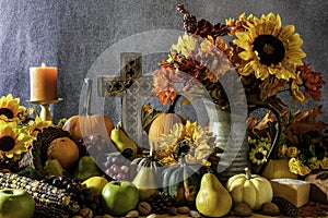 Thanksgiving cornucopia with pumpkins and sunflowers