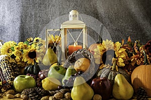 Thanksgiving cornucopia with pumpkins and sunflowers