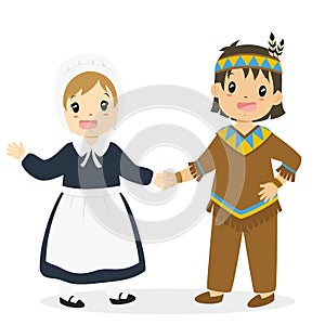 Native American Boy and Pilgrim Girl Cartoon Vector