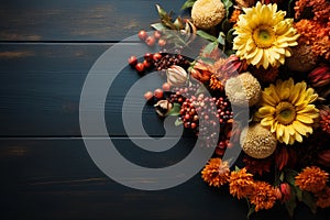 Thanksgiving Day background with copyspace. Top view of vegetables and yellow sunflowers on a textured dark wooden backdrop