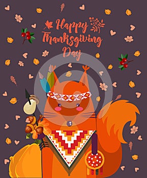 Thanksgiving day background with squirrel. Thanksgiving party poster. Harvest festival